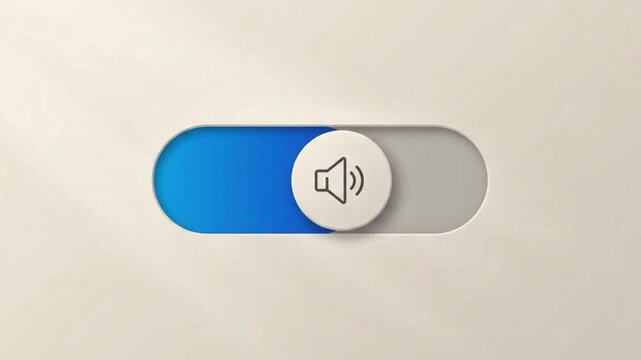 A UI toggle switch slides from mute to sound-on with a glowing blue highlight.