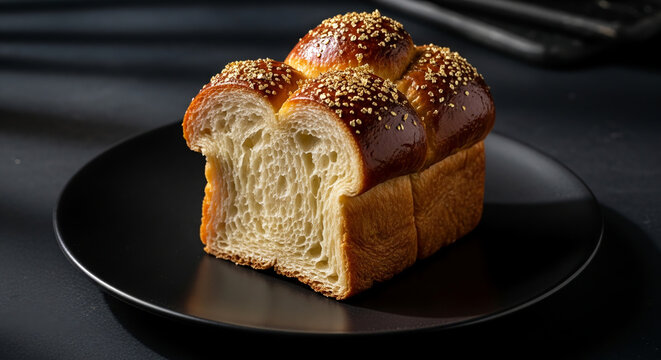 Golden Brioche Loaf with Sesame Seeds on a Black Plate