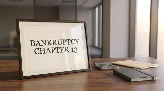 Bankruptcy chapter 13 legal document displayed on a desk with a calculator and notebook in a bright office environment