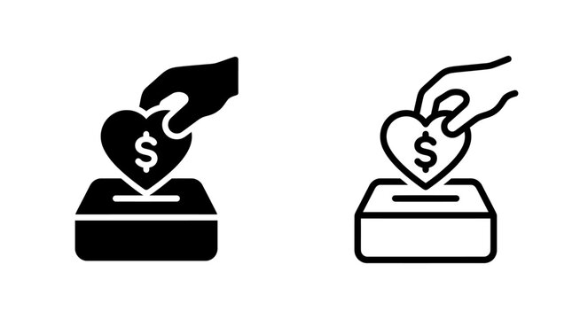 Donation box with heart and dollar sign icon set donation fundraising