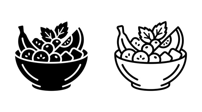 Fruit salad bowl icon set featuring fresh mix in solid and line styles