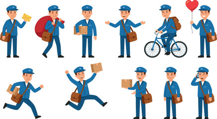 Fototapeta premium Postman Mailman Character Icon Set with Delivery Worker Carrying Package, Riding Bicycle, and Holding Mail Bag Poses
