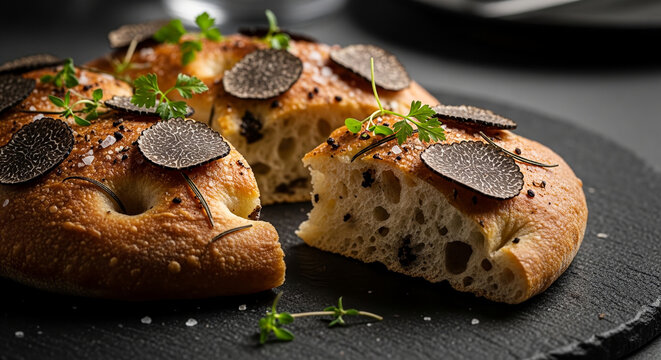 Sliced Gourmet Truffle Focaccia with Fresh Herbs on a Black Surface