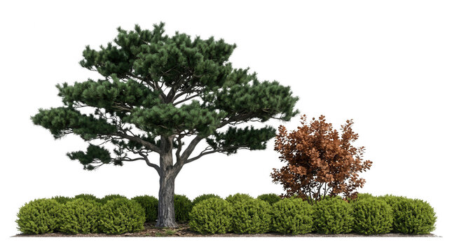 Arbre isol&eacute; avec buissons et arbuste sur fond blanc