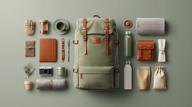 trip preparation and organization. organized travel gear. Gray backpack surrounded by travel essentials including camera, phone, utensils, and notebook on gray background