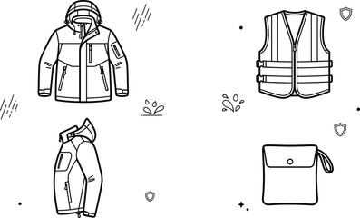 Waterproof outdoor jacket line icon set with utility vest rain protection gear and pocket pouch elements vector © BabliAra