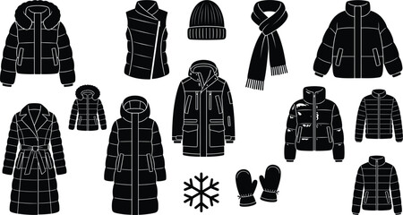Winter outerwear clothing silhouette icon set with puffer jackets parkas coat scarf mittens beanie and snowflake vector © BabliAra