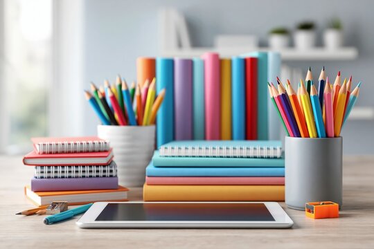 creativity and childhood expression. Colorful stationery supplies including notebooks, pencils, and tablet on wooden desk in bright study environment