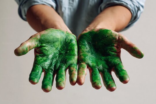 participation and environmental awareness. Hands with vibrant green paint raised against a gray background, showcasing creativity and artistic expression