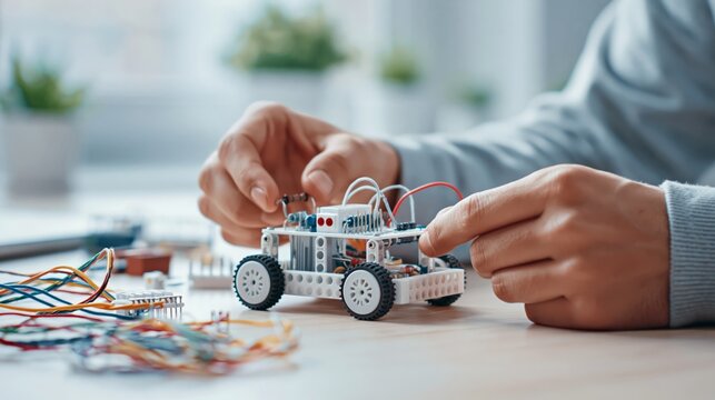 concept of coding and robotics learning. Two hands assembling a robotic model with colorful wires and components on a white table in a bright workspace