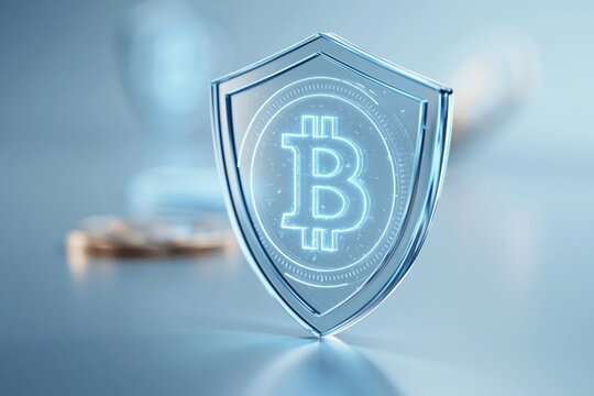 saving money securely. financial protection concept. Digital shield with glowing Bitcoin symbol representing cryptocurrency security and protection against cyber threats