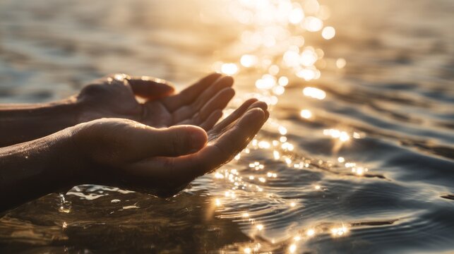 protecting Earth's water source and future. Hands of a person cupped together, catching sunlight reflections on water surface in a serene outdoor setting