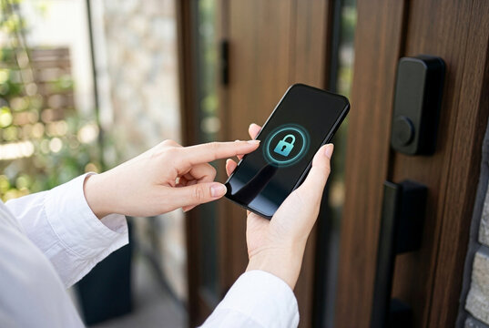 スマートフォンで玄関のスマートロックを操作して施錠する女性の手元｜スマートホーム・電子錠・防犯・住宅セキュリティのイメージ
