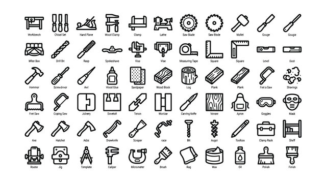 Collection of black line icons depicting various woodworking tools and workshop equipment on transparent background