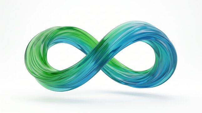 Abstract 3D infinity symbol loop with green and blue gradient glass texture, endless cycle concept, sustainability, continuity, mathematics, isolated on white background, render