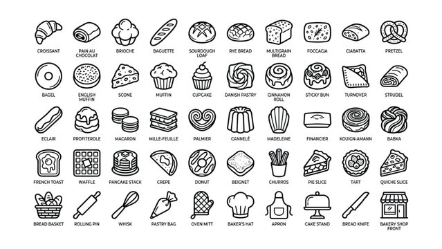 Collection of black line icons representing various types of bread pastries desserts and bakery tools with transparent background
