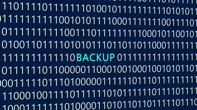 Backup text or word with digital binary animation made in After Effects for digital world technology concept, representing data recovery, cloud archiving, and information preservation systems.