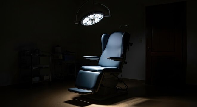 Dramatic dark operating room with empty medical chair illuminated by surgical spotlight