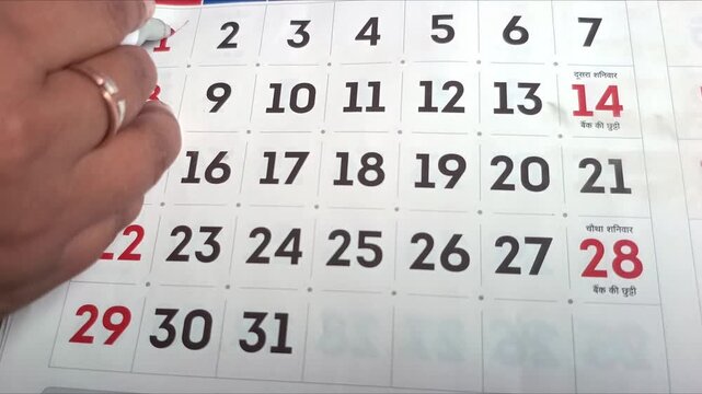 Close up view of person marking off dates on paper calendar with pen, time management and scheduling concept