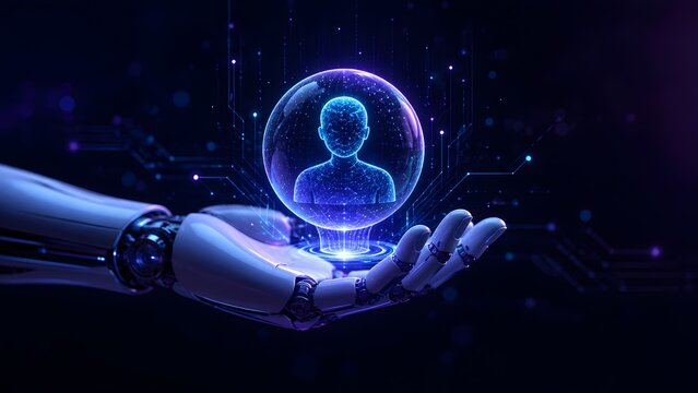 Robotic Hand Holding Glowing Digital Human Profile Hologram In Sphere