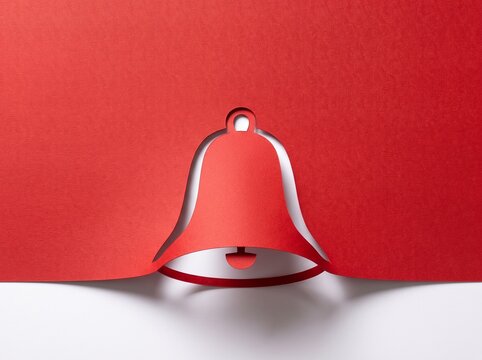 Bell shape cut out of red paper with shadow on white background, paper craft art concept
