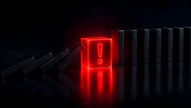 Glowing Red Warning Block Stopping Domino Effect In Dark Cyber Environment