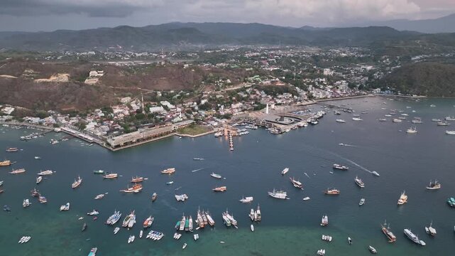 Aerial view of the natural scenery of ships in Komodo Labuan Bajo Bay, Indonesia