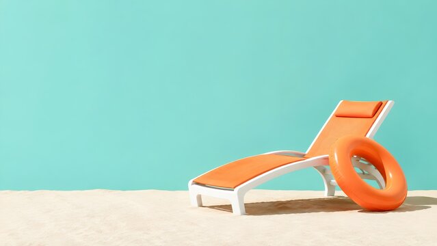 Beach Lounge Chair And Life Ring Float On Sand Against Turquoise Wall Representing Summer Vacation
