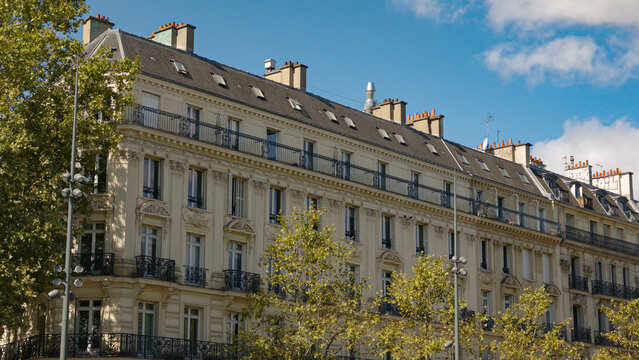 Historic Parisian apartment buildings lining a street with green trees and blue sky