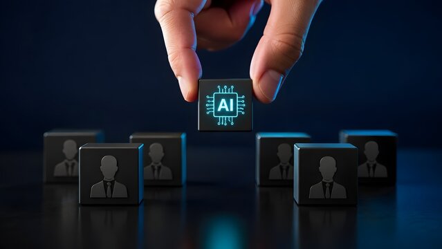 Human Hand Selecting AI Microchip Cube Among Workforce HR Management Concept