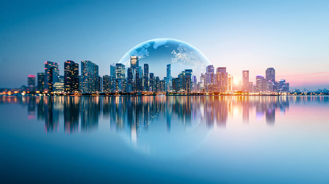 A futuristic city skyline reflects on calm water with a glowing Earth image hovering above, highlighting urban innovation and global connectivity at sunset.