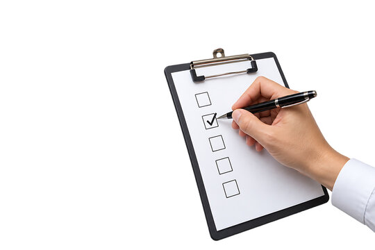 Checklist clipboard photo of hand holding pen checking box on white paper