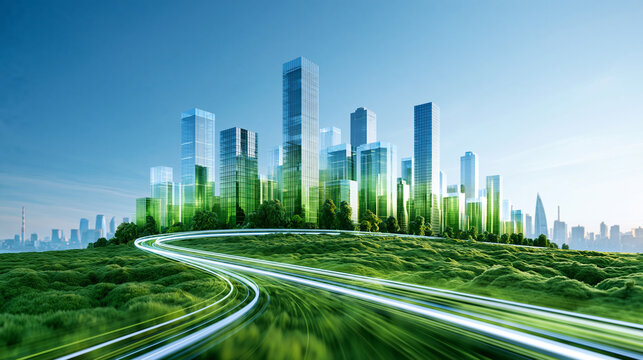 A futuristic cityscape with tall glass skyscrapers surrounded by greenery and winding roads, blending urban development with nature in a sustainable vision.