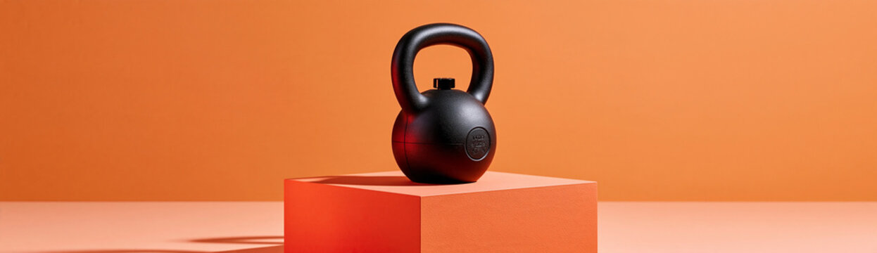 A black kettlebell rests on an orange pedestal against a matching orange background, creating a minimalistic and vibrant fitness-themed composition.