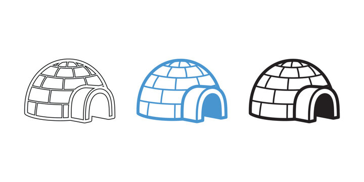 Set of three igloo winter shelter icons in different line styles isolated on white background