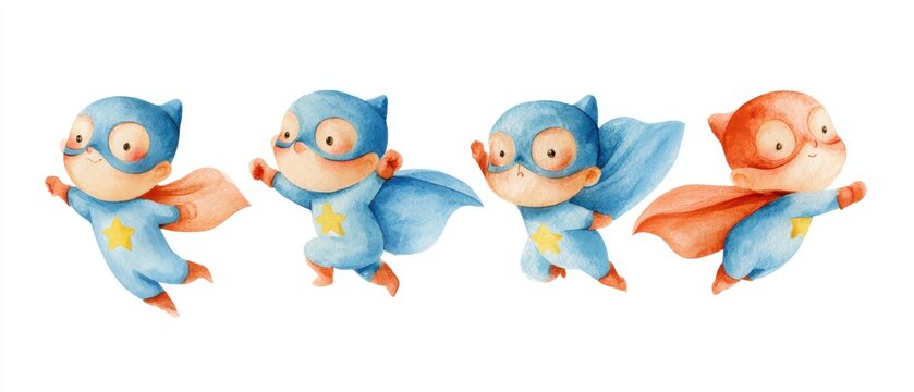 Cute watercolor illustration of a little superhero flying with a cape and saving the day, four different poses in a horizontal row, character sheet, isolated on a white background, soft colors