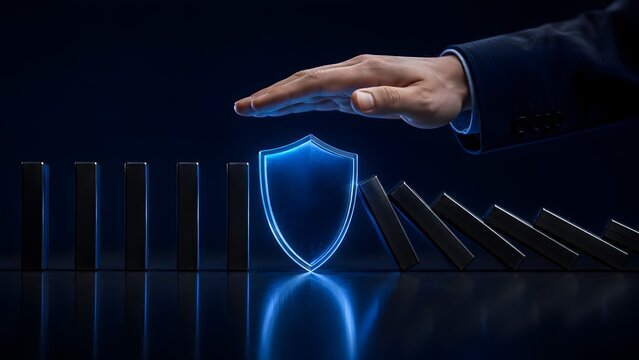 Business Hand Protecting Standing Domino Blocks With Glowing Shield Barrier