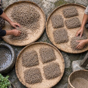Hand Shaping Mie Lethek Noodles Before Sun Drying
