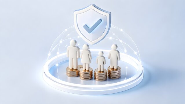 White Family Figures On Coin Stacks Protected Under Futuristic Shield And Network Dome
