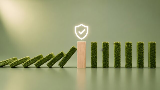 Green Mossy Domino Blocks Stopped By Wooden Block With Shield Symbol Representing Sustainability Risk Management