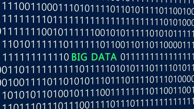 Big Data text or word with digital binary animation made in After Effects for digital world technology concept, representing large-scale information analysis, data warehousing, and enterprise analytic