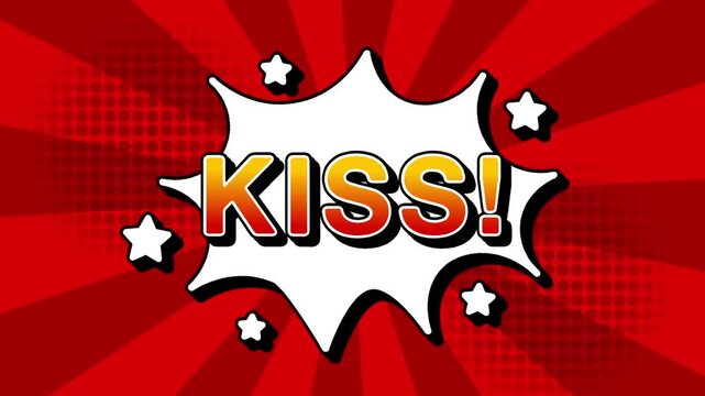 Kiss text word lettering popup comic cartoon reveal with bomb and smoke explosion manga anime book page dots with radial speed lines doodle red background with seamless loop animation retro