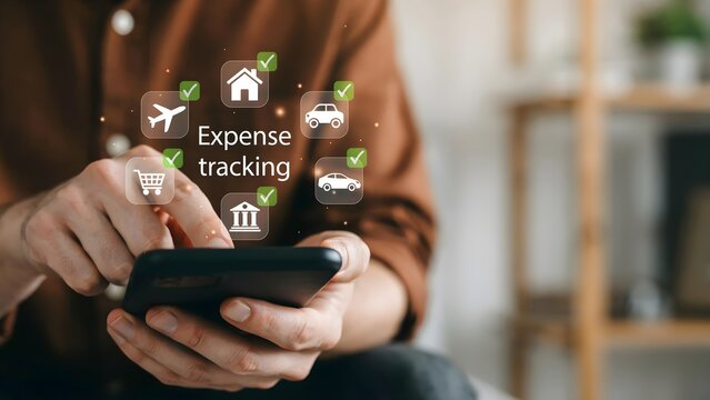 Expense tracking mobile application concept. Businessman using smartphone with floating category icons