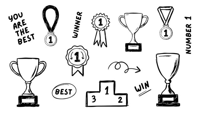 Hand drawn trophies and winner medals doodle set. Featuring award cups ribbons podium and success lettering. Black sketch vector graphics for education business and achievement projects