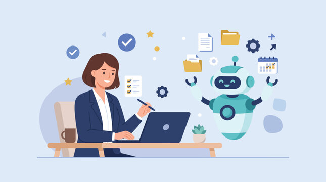Business woman working with a friendly AI robot assistant on a laptop computer illustration