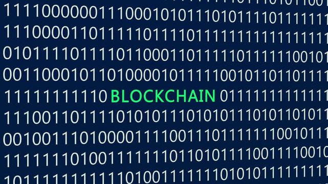 Blockchain text or word with digital binary animation made in After Effects for digital world technology concept, representing decentralized ledgers, cryptographic transactions