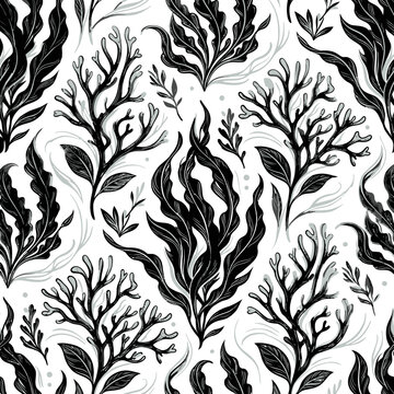 Decorative Seaweed and Coral Botanical Pattern &ndash; Elegant Black and White Marine Illustration with Subtle Green Accents