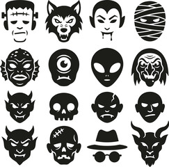 Classic horror monster icon set featuring black vector silhouettes of Frankenstein werewolf vampire mummy alien zombie and spooky witch heads © MD TUHIN