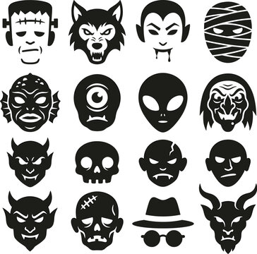 Classic horror monster icon set featuring black vector silhouettes of Frankenstein werewolf vampire mummy alien zombie and spooky witch heads