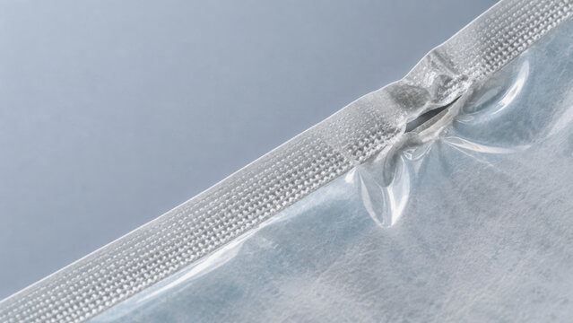 Plastic packaging seal close-up showing damaged tear notch and heat seal line texture